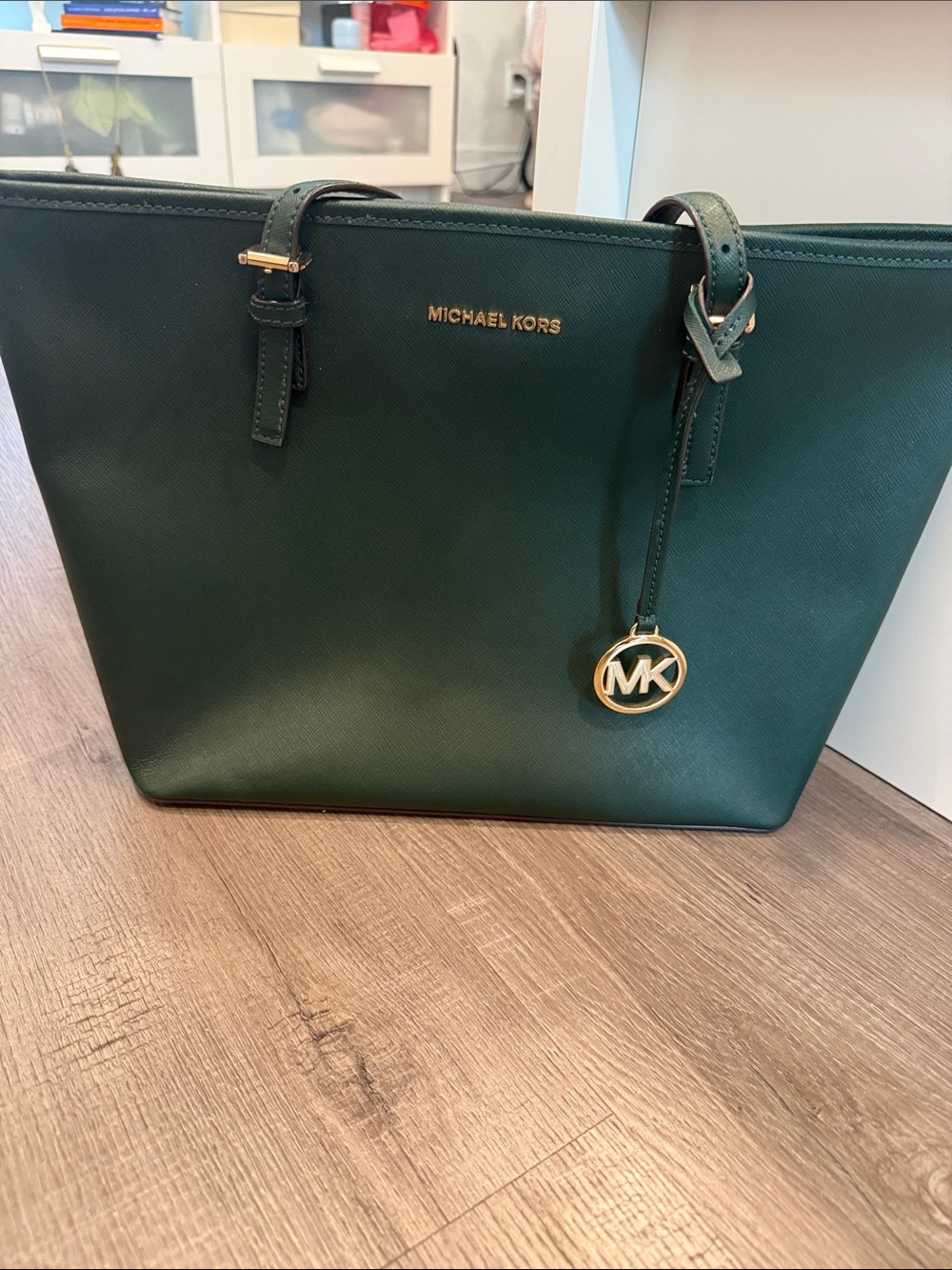 Michael Kors Emerald Green Saffiano Tote with Gold MK Charm